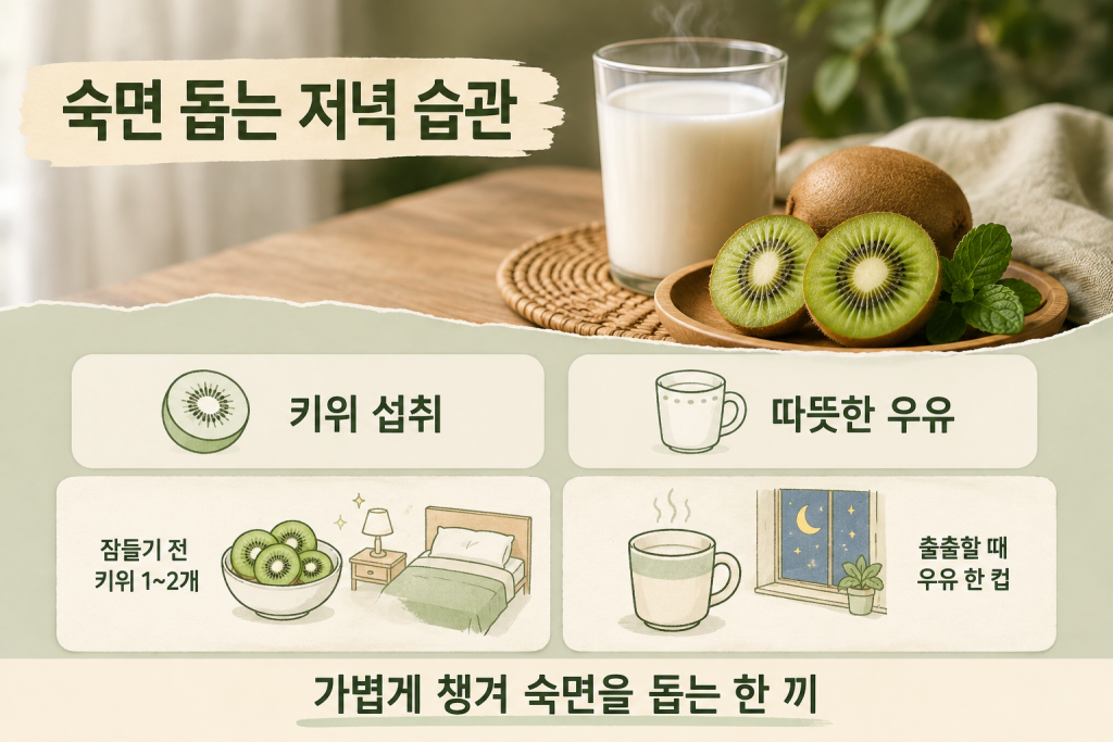 열대야에 숙면을 돕는 음식으로 소개된 키위와 따뜻한 우유 한 잔
