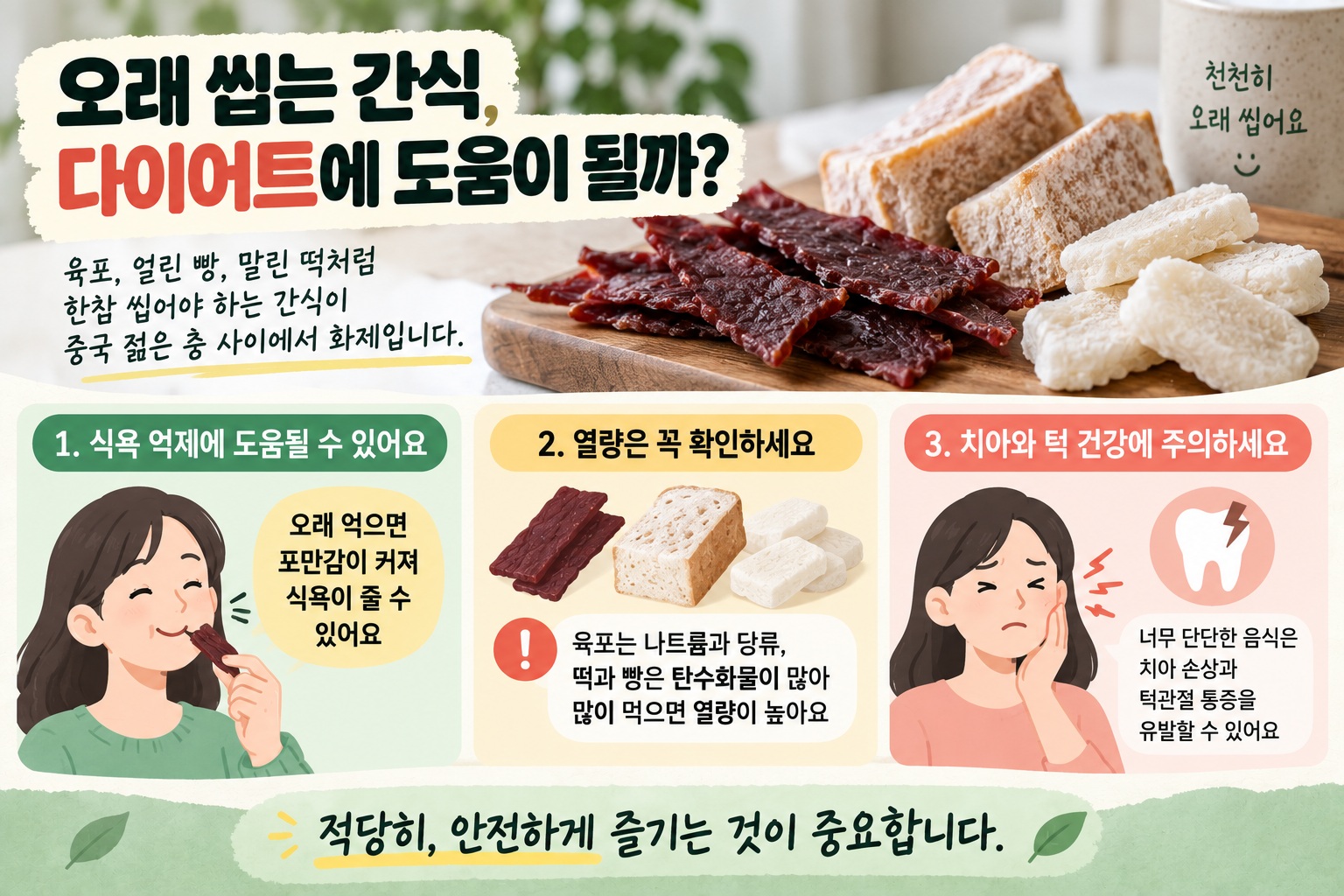 오래 씹는 간식 다이어트 효과 있을까, 식욕 억제부터 치아·턱관절 위험까지