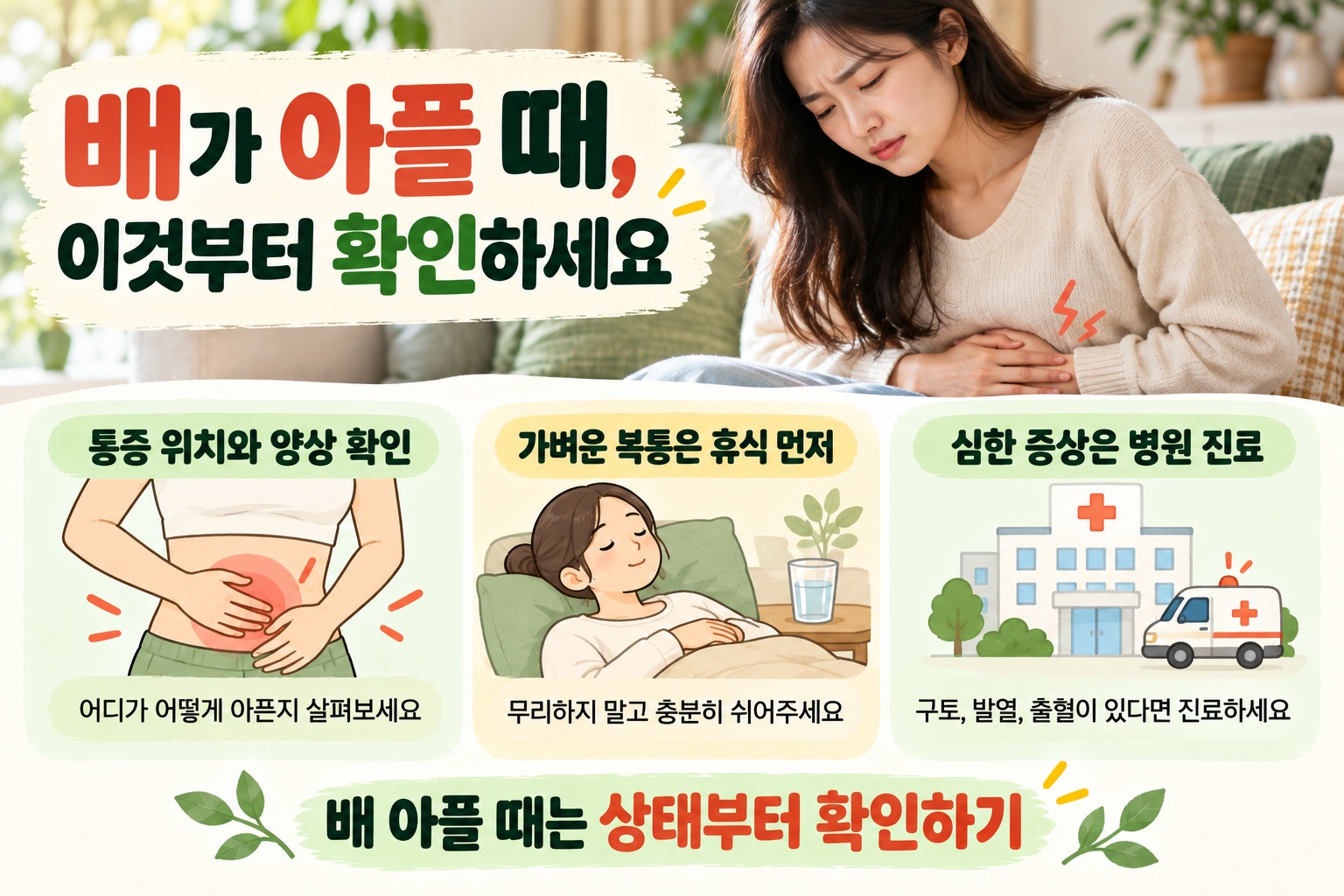배 아플 때 대처법, 복통 위치부터 병원 가야 할 위험 신호까지
