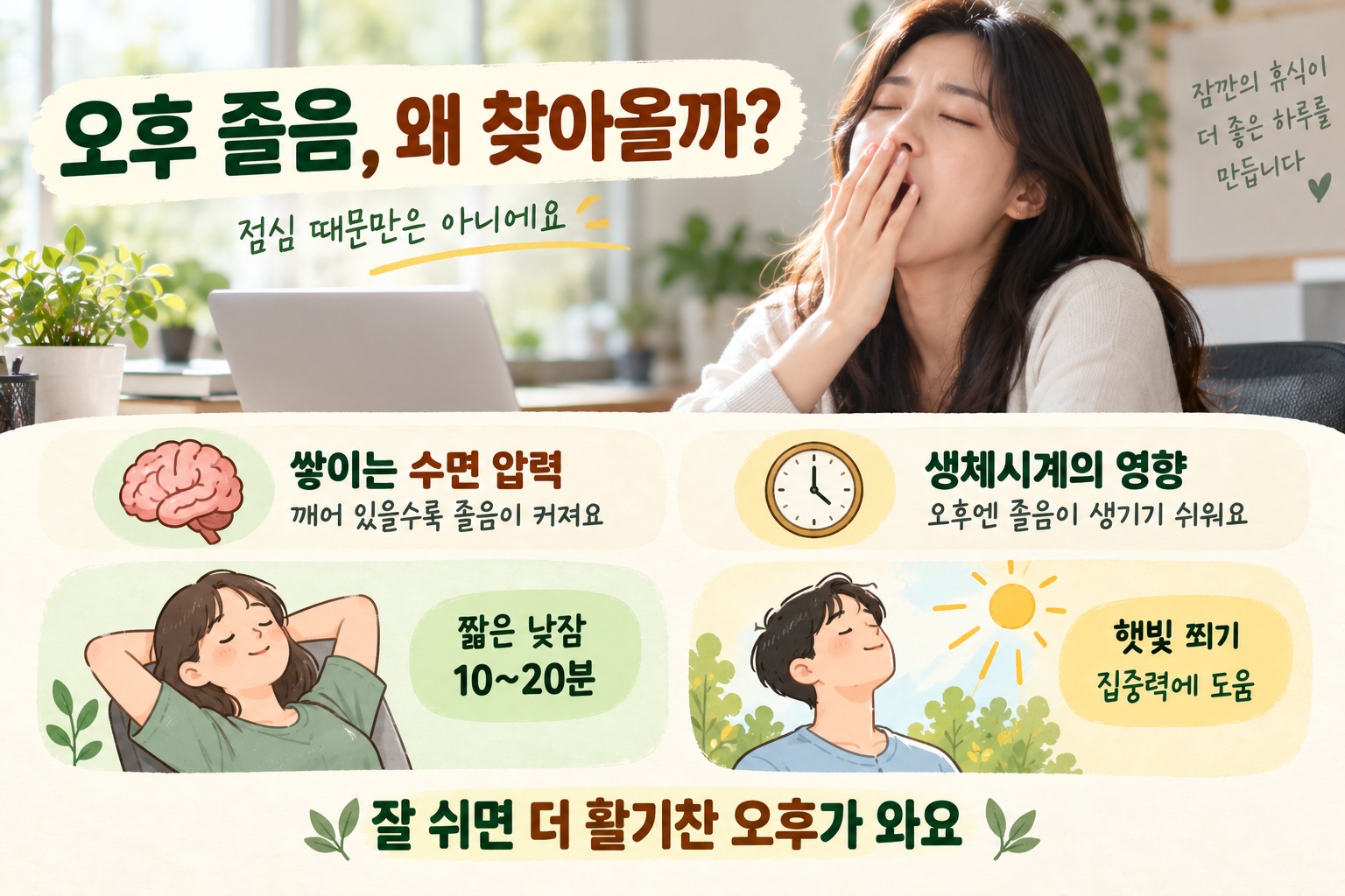 오후 업무 중 책상에 앉아 눈꺼풀이 무거워져 졸음을 느끼는 직장인