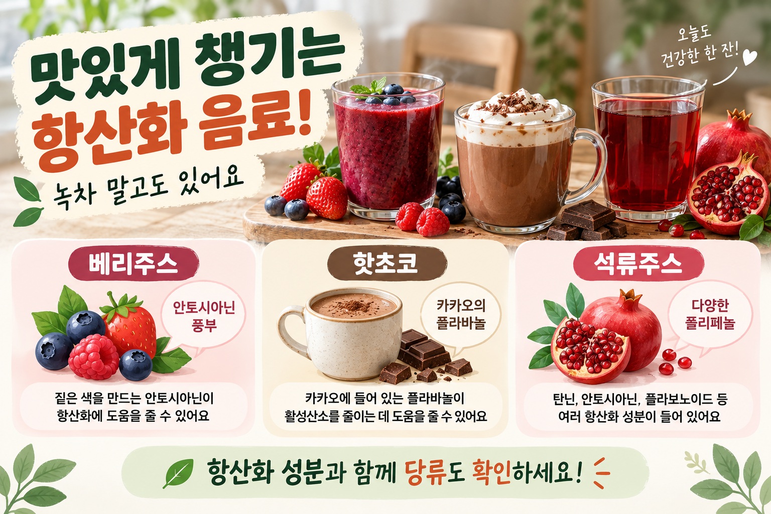 베리주스와 핫초코, 석류주스가 각각 잔에 담겨 있는 모습