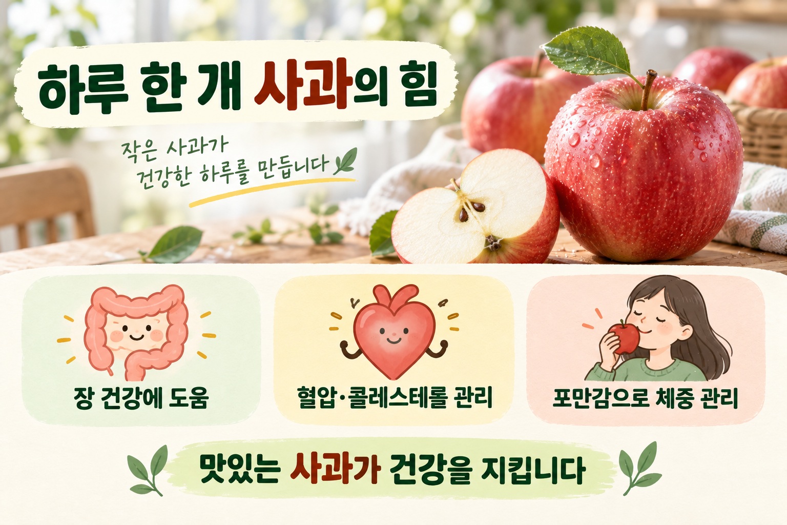 껍질째 먹을 수 있는 붉은 사과와 반으로 자른 사과가 놓여 있는 모습