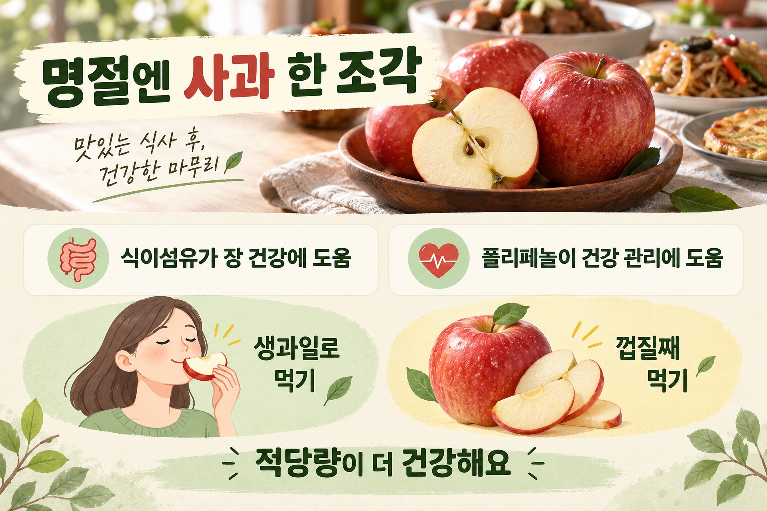 추석 상에 놓인 빨간 사과와 송편 등 명절 음식