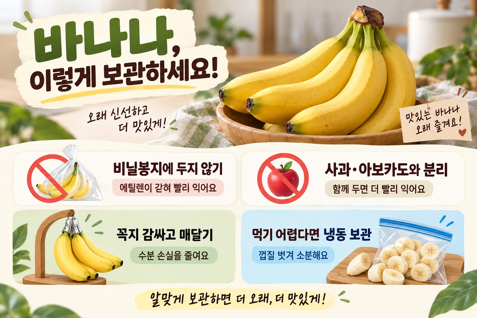 바나나 보관법, 검은 반점 늦추는 상온·냉장 전환 시점과 냉동 요령