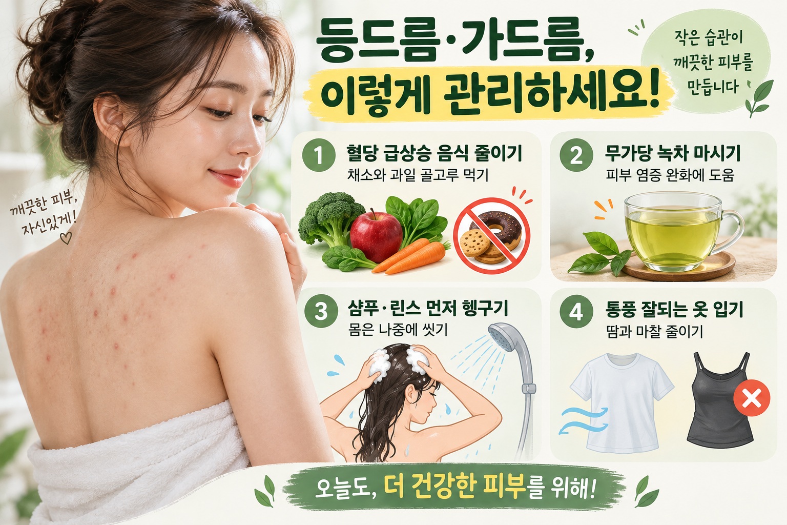 검은색 상의를 입은 여성이 가슴 중앙에 올라온 붉은 여드름을 손가락으로 가리키는 모습