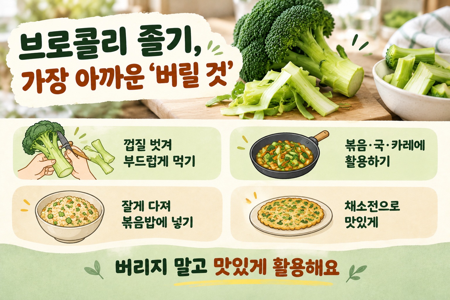껍질을 벗겨 얇게 썬 브로콜리 줄기와 꽃송이가 도마 위에 놓여 있는 모습