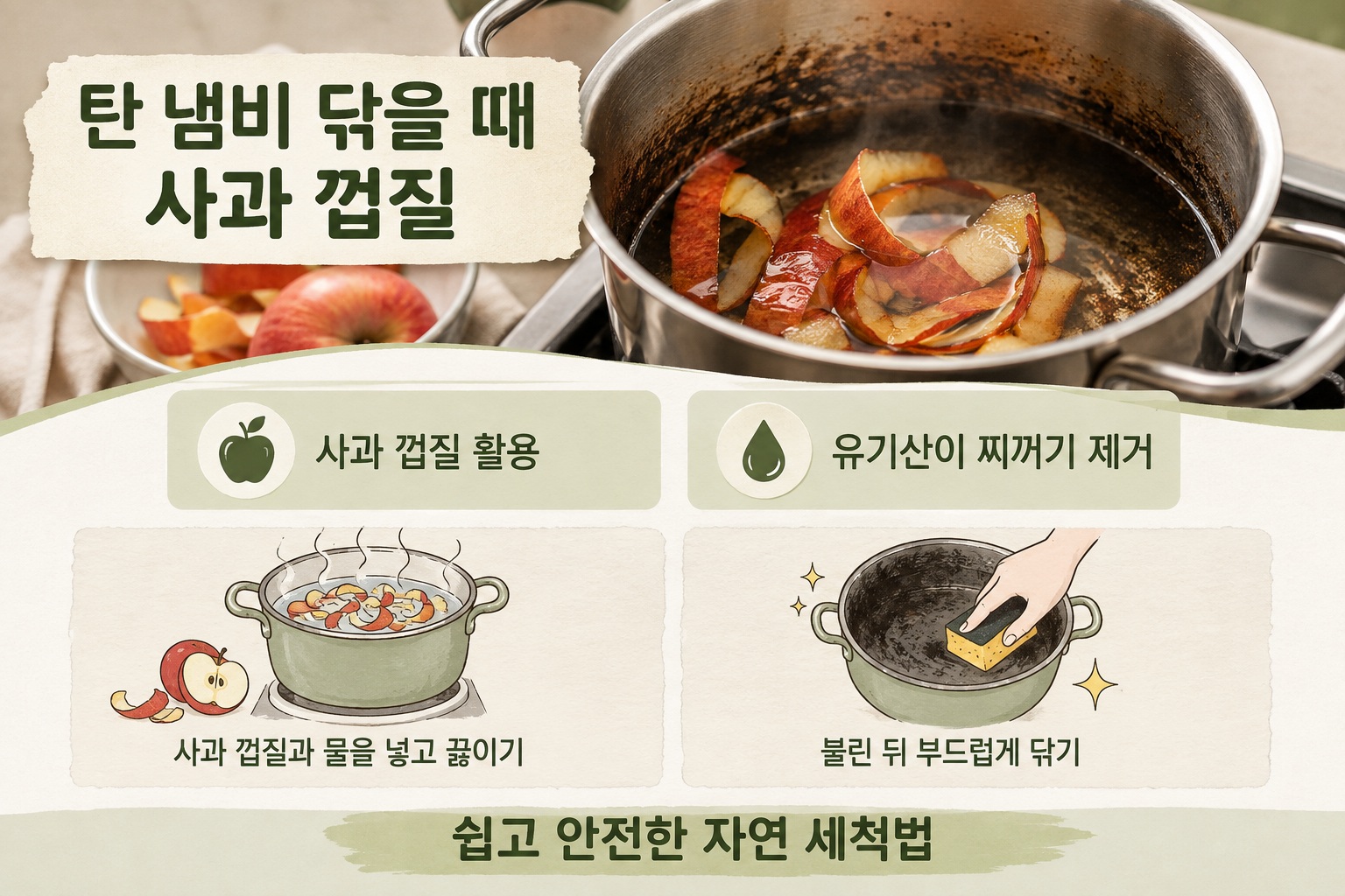 탄 냄비 닦는 법, 사과 껍질과 물 끓이면 탄 자국이 쉽게 닦이는 이유