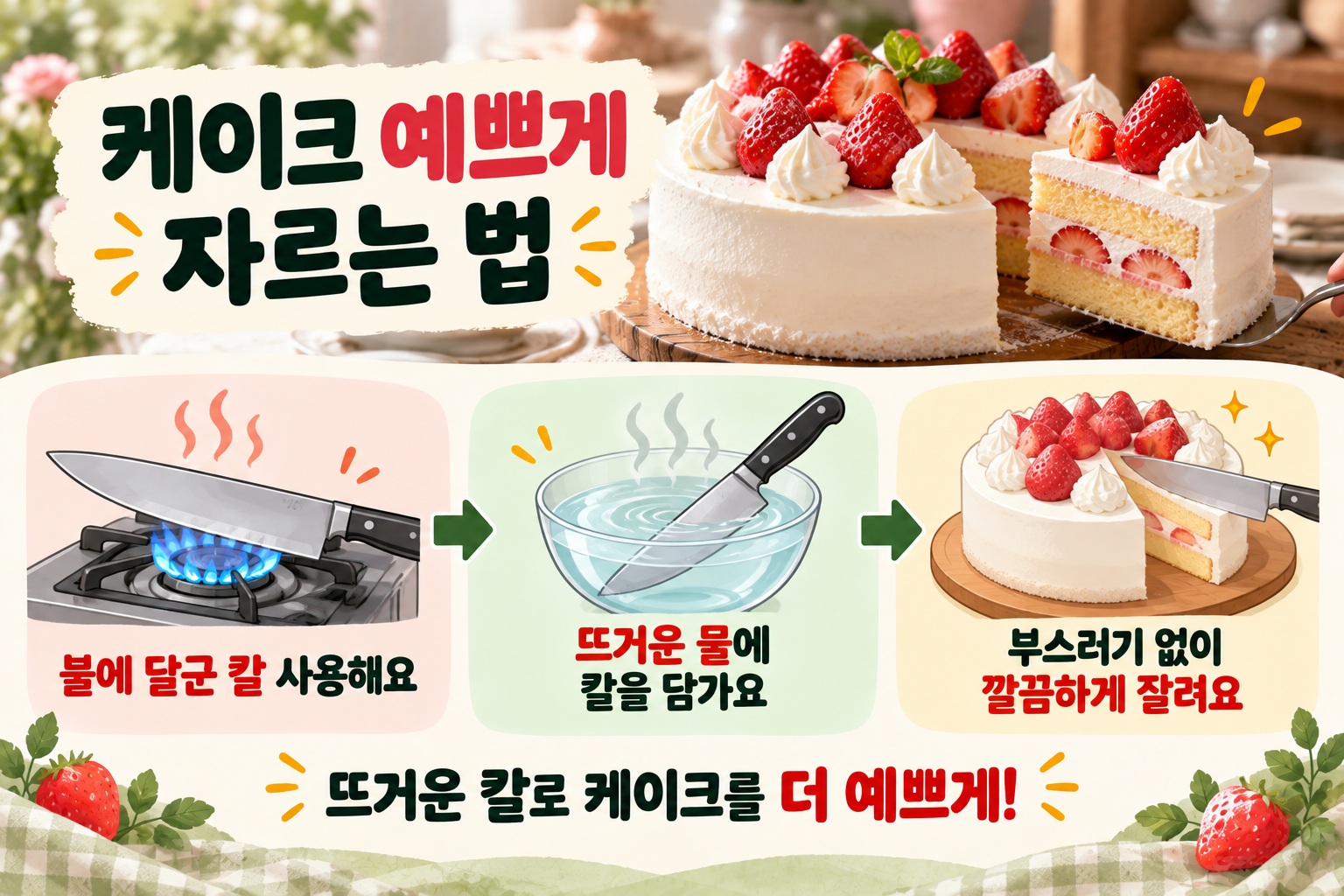 케이크 예쁘게 자르는 법, 따뜻한 칼로 부스러기 없이 깔끔하게 자르는 요령