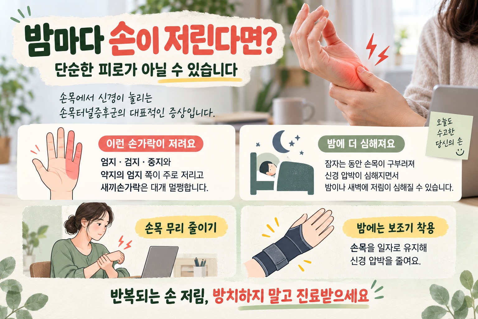손목터널증후군 증상, 밤마다 손 저리고 새끼손가락은 멀쩡하다면 확인할 신호