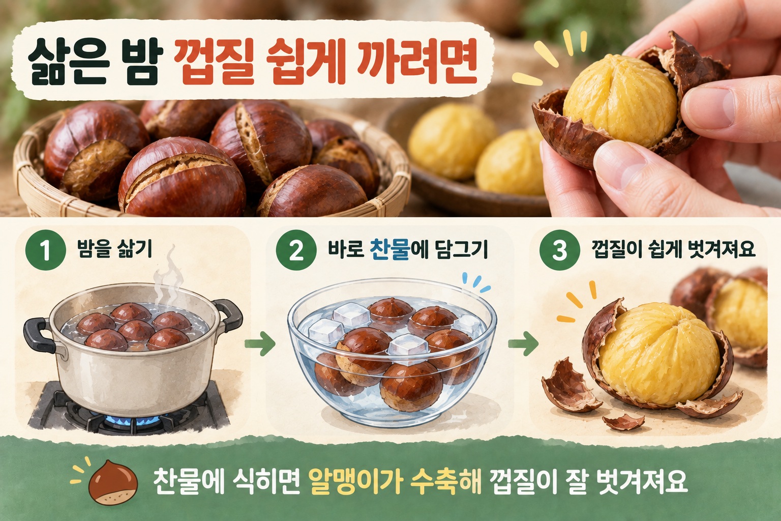 삶은 밤 껍질 쉽게 까는 법, 삶자마자 찬물에 담그면 수월해진다