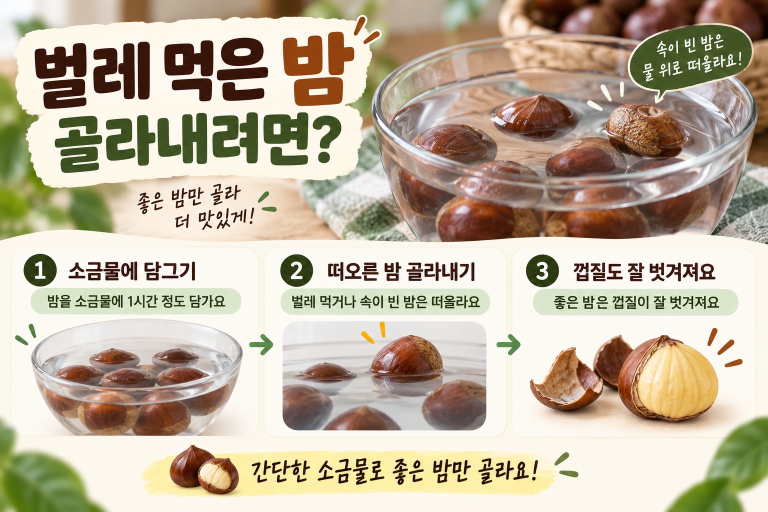 벌레 먹은 밤 골라내는 법, 소금물에 1시간 담그면 뜨는 밤으로 구별