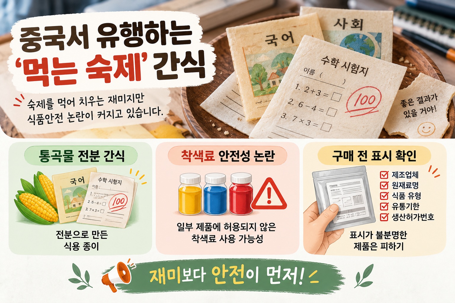 교과서와 시험지 모양의 글자와 그림이 인쇄된 얇은 먹는 숙제 간식