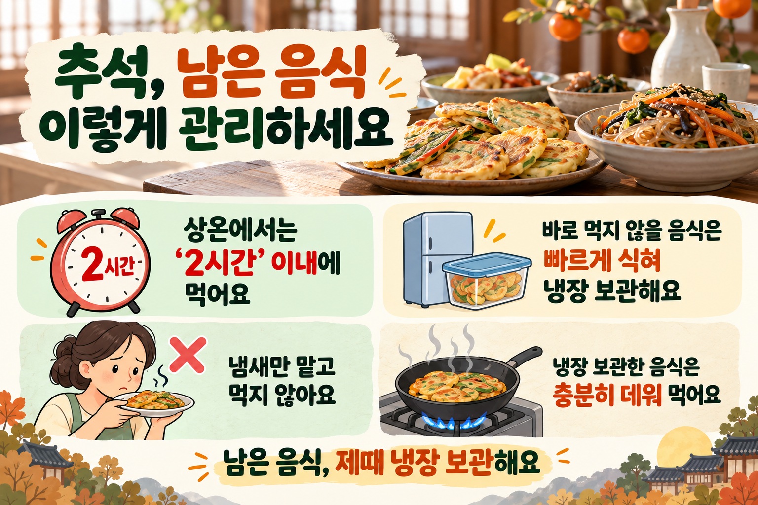 추석 음식 보관법, 전·잡채 상온 2시간 넘기면 위험한 이유와 냉장·재가열 수칙
