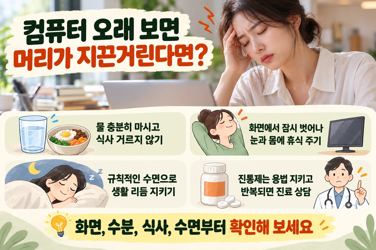 컴퓨터 오래 보고 머리 아플 때, 두통 원인부터 휴식·진통제·위험 신호까지