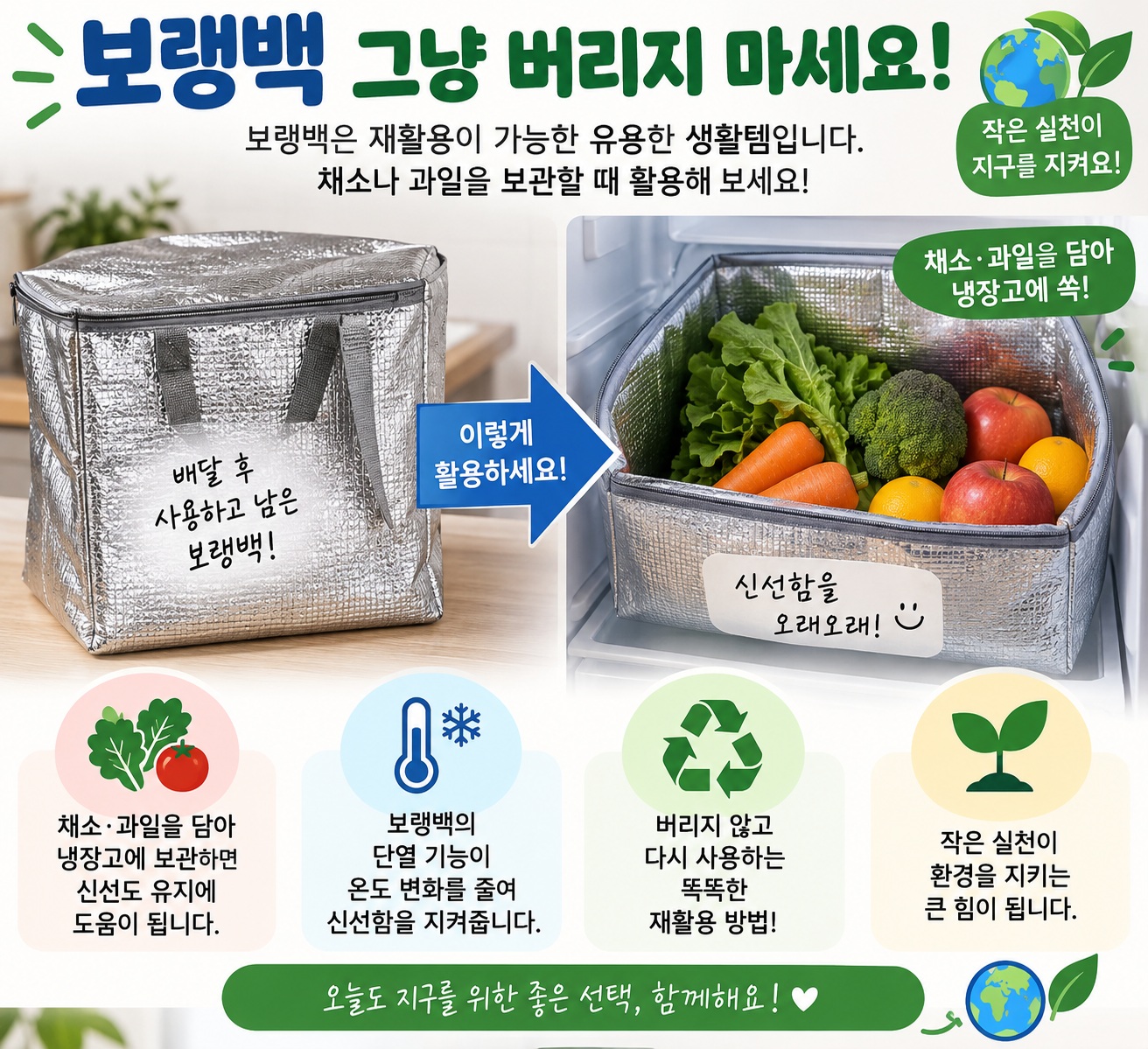 보랭백 안에 채소와 과일을 담아 냉장고에 보관하는 모습