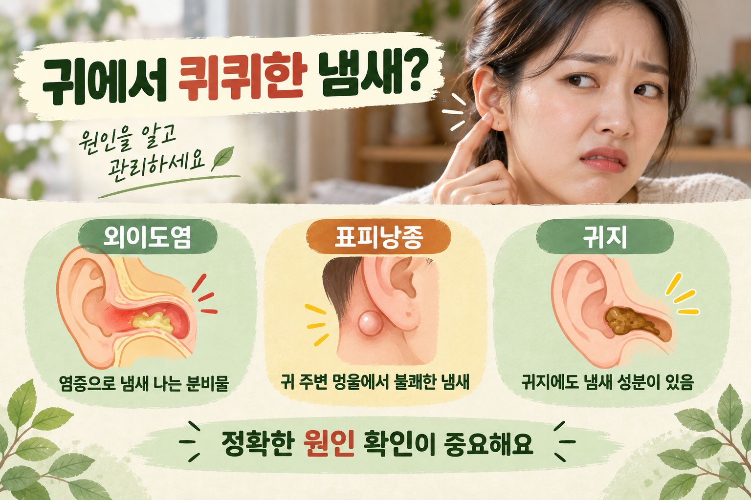 귀 냄새 원인을 확인하기 위해 귓속과 귀 주변 상태를 살펴보는 모습