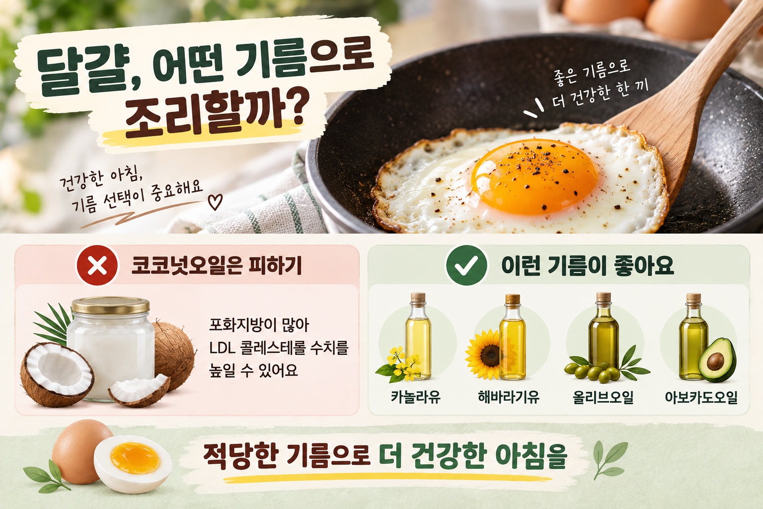 달걀 프라이 기름, 코코넛오일보다 올리브유·카놀라유가 나은 이유