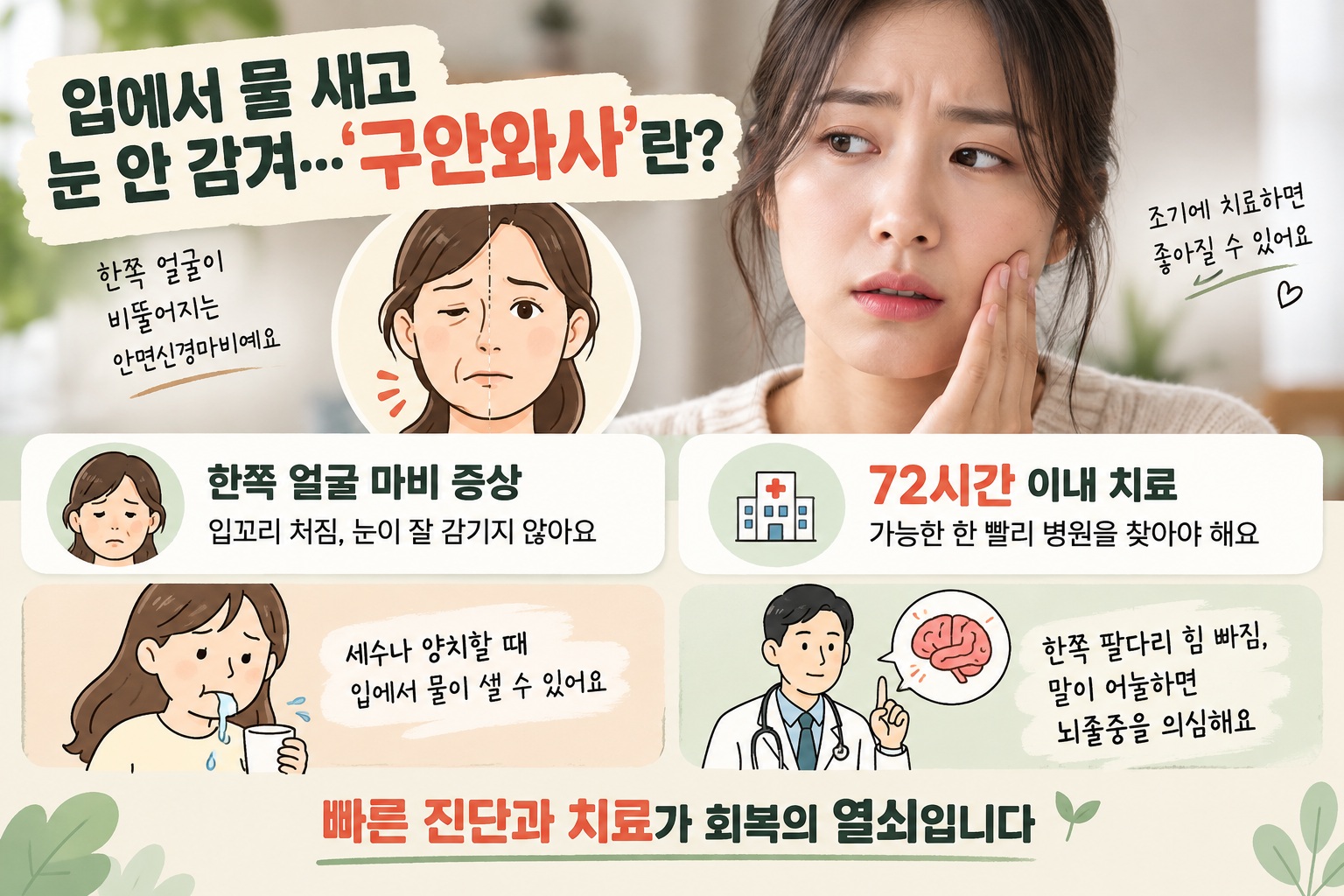 구안와사 증상과 치료, 입에서 물 새고 눈 안 감기면 72시간이 중요