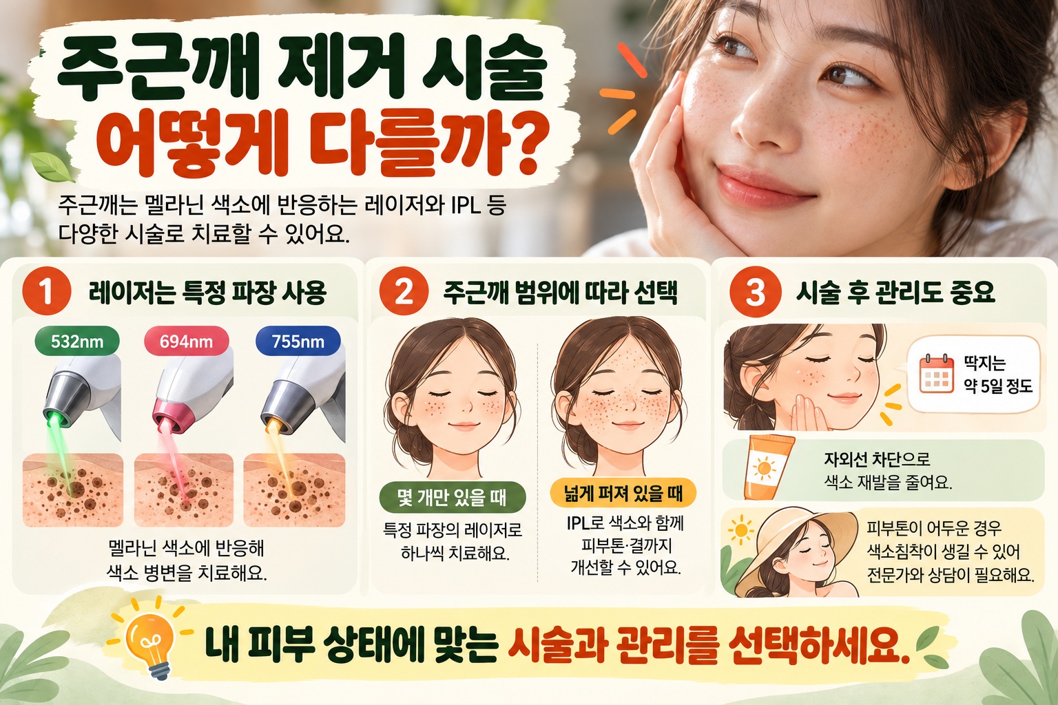 주근깨 제거 레이저, 532·694·755nm와 IPL 차이부터 피부톤별 선택까지