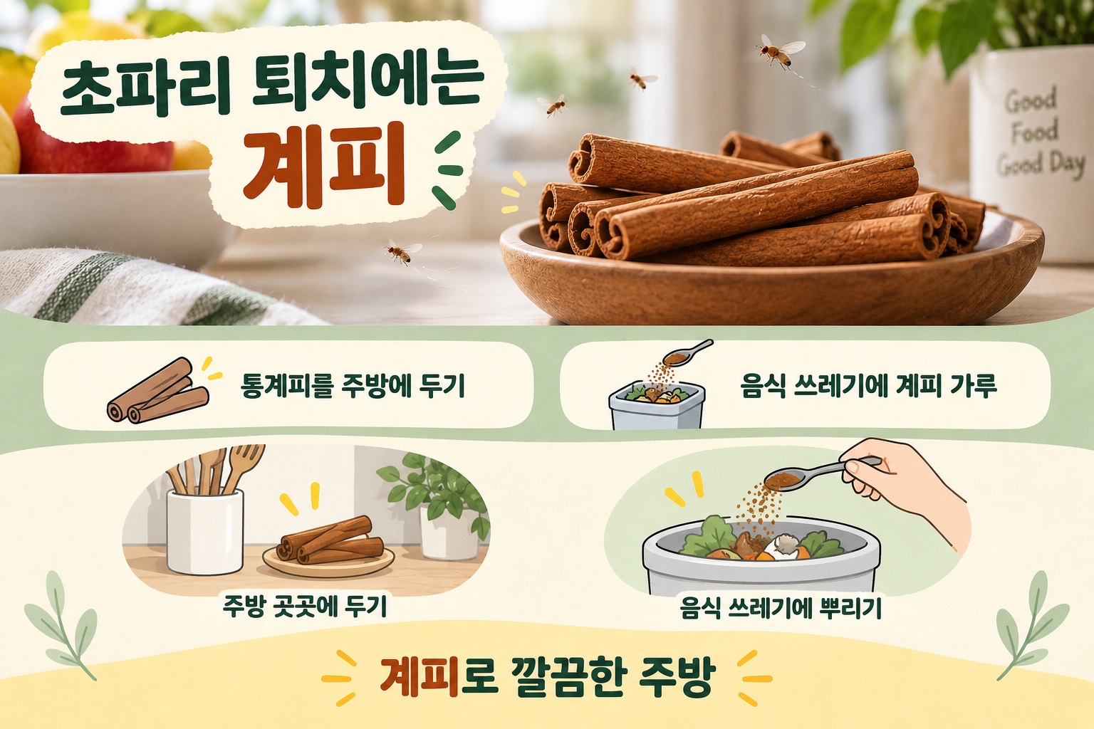 초파리 퇴치에 계피 활용하기, 주방과 음식물 쓰레기통에 두는 방법