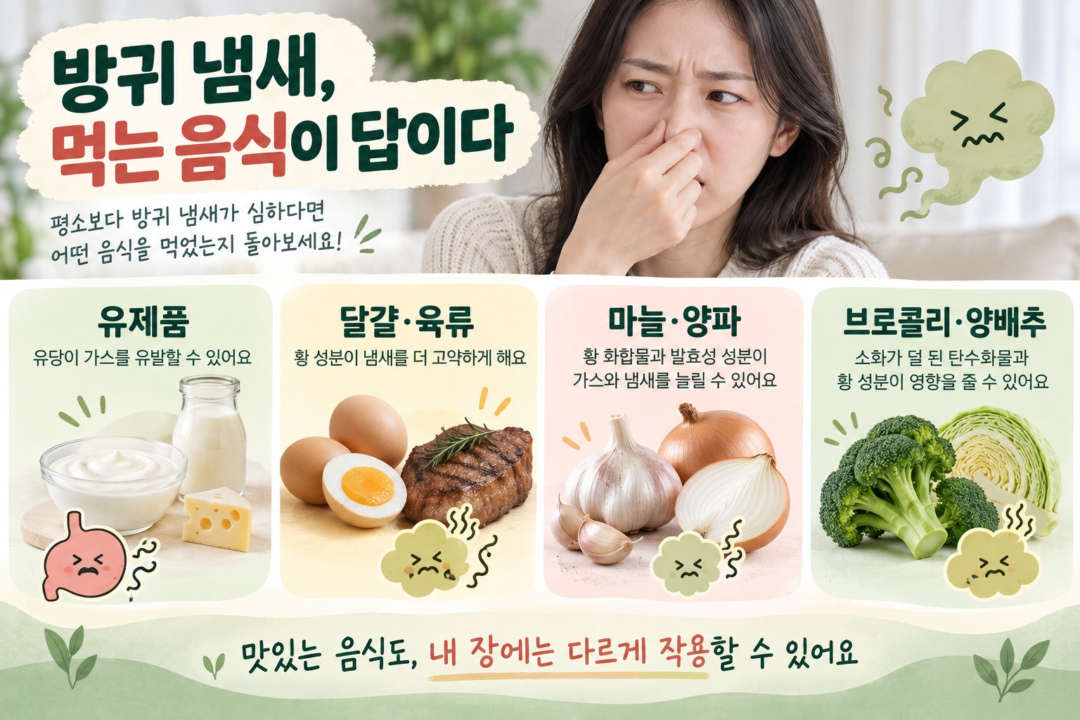 요거트와 달걀, 마늘, 양파, 브로콜리 등 방귀 냄새에 영향을 줄 수 있는 음식