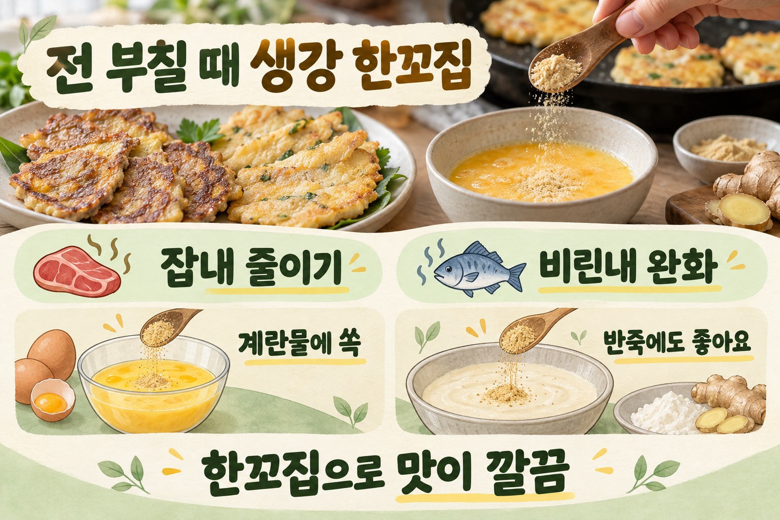 전 잡내 줄이는 법, 육전·동태전 계란물에 생강 한 꼬집