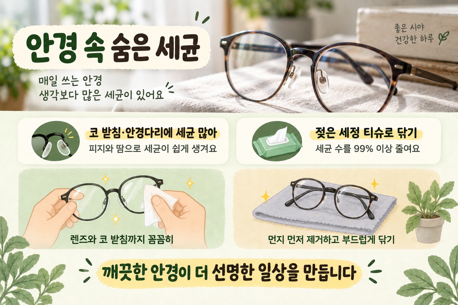 젖은 안경 세정용 티슈로 렌즈와 코받침, 안경다리를 꼼꼼하게 닦는 모습