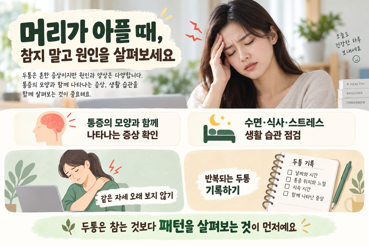머리를 짚고 두통을 느끼는 사람과 긴장형 두통, 편두통, 응급 신호를 확인하는 모습