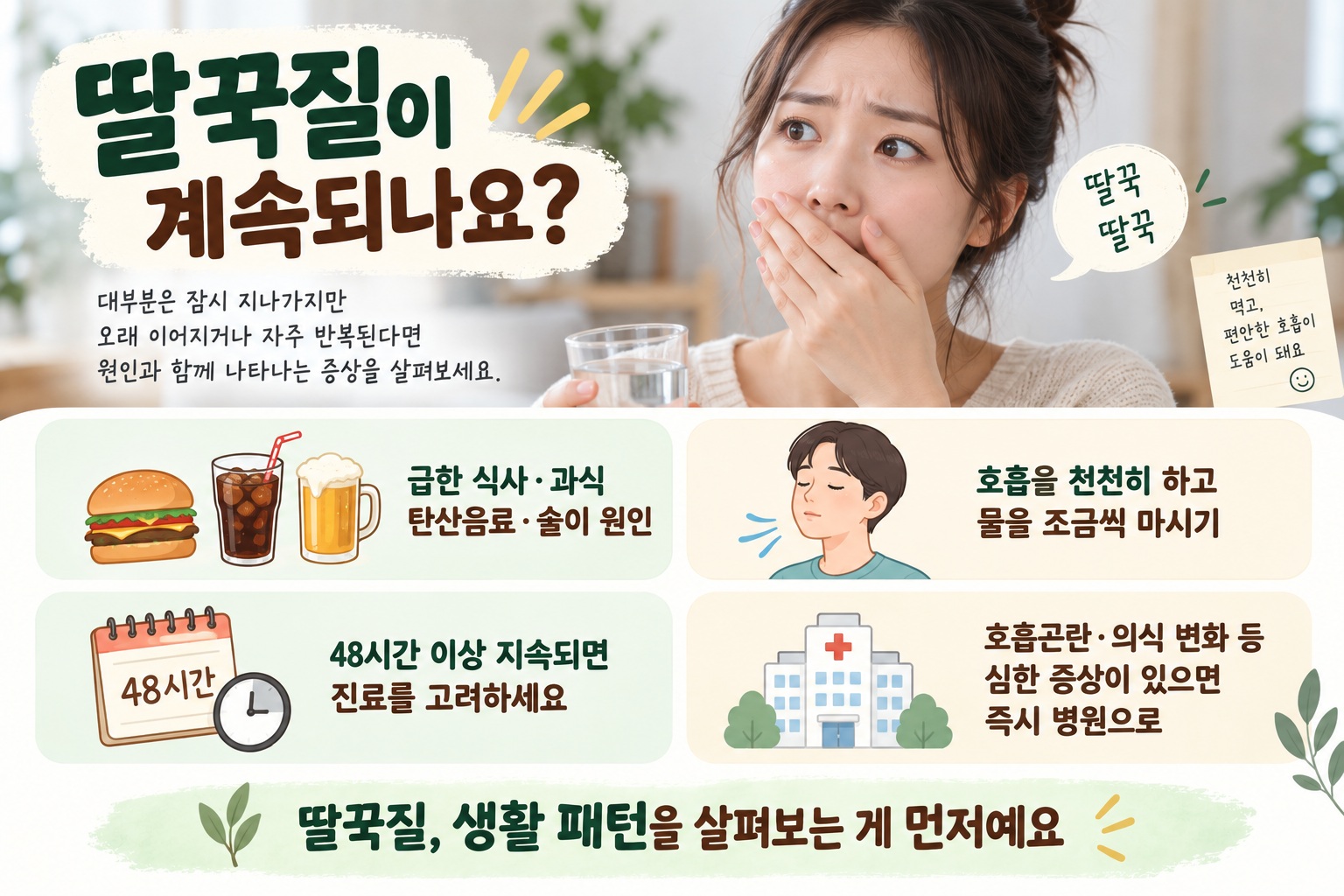 딸꾹질 원인, 멈추는 방법과 48시간 이상 지속될 때 진료 기준