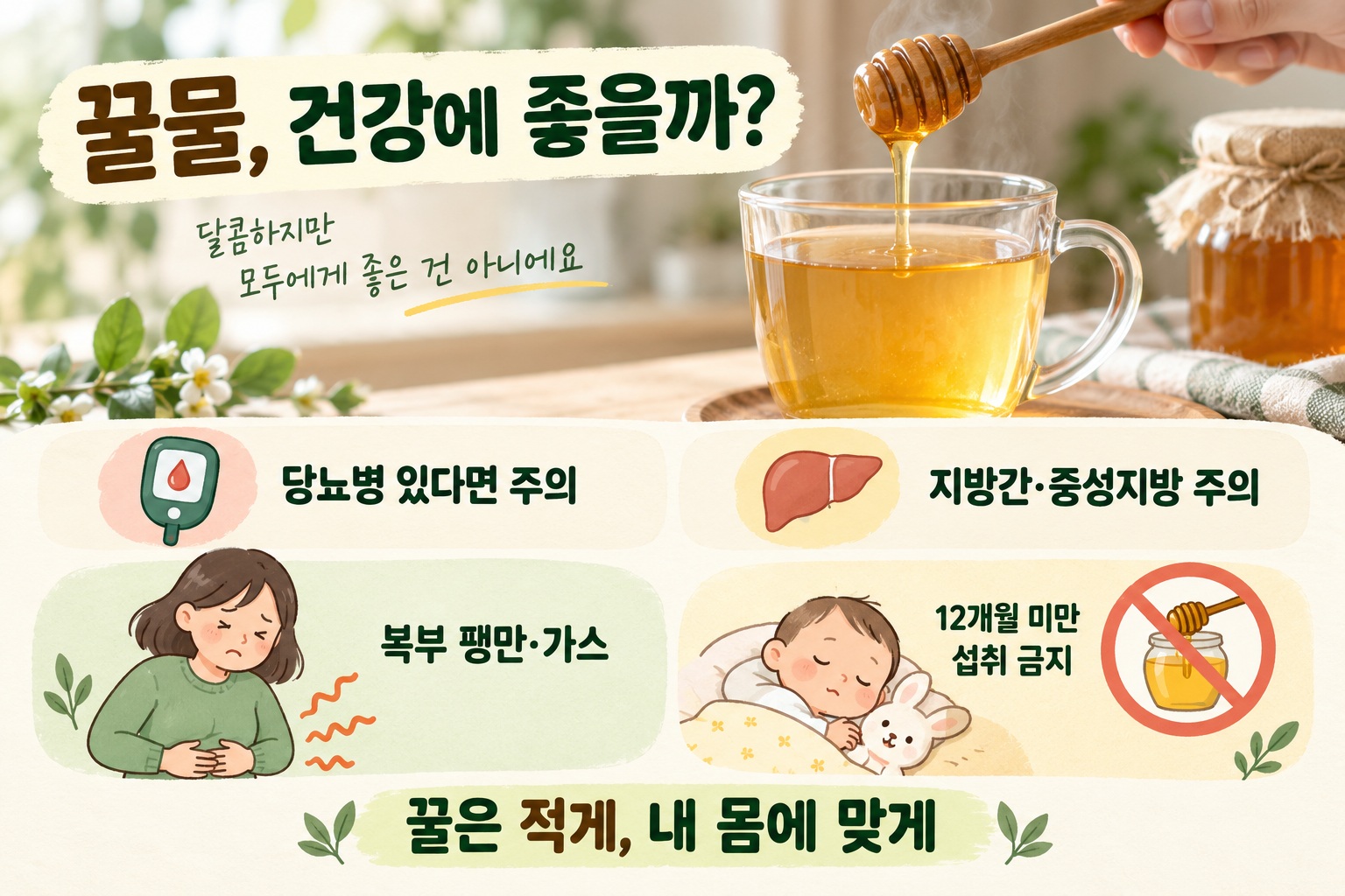 따뜻한 꿀물 한 잔 옆에 꿀과 티스푼이 놓인 모습