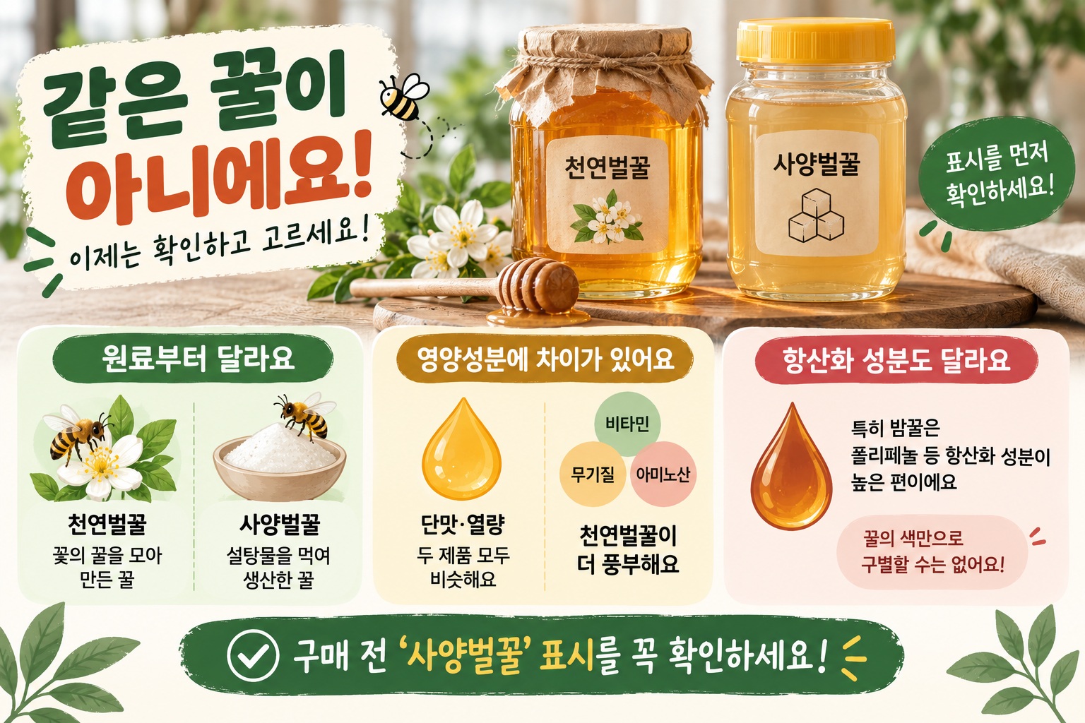 사양벌꿀과 천연벌꿀을 나란히 놓고 색과 형태를 비교하는 모습