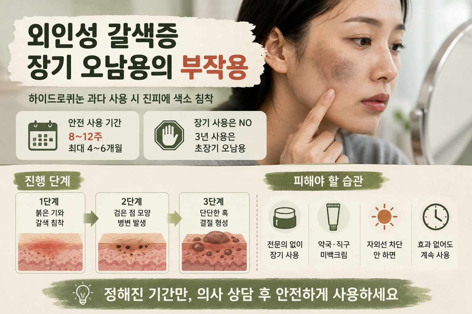 하이드로퀴논 부작용, 기미처럼 보여도 다른 외인성 갈색증 증상과 사용 주의점