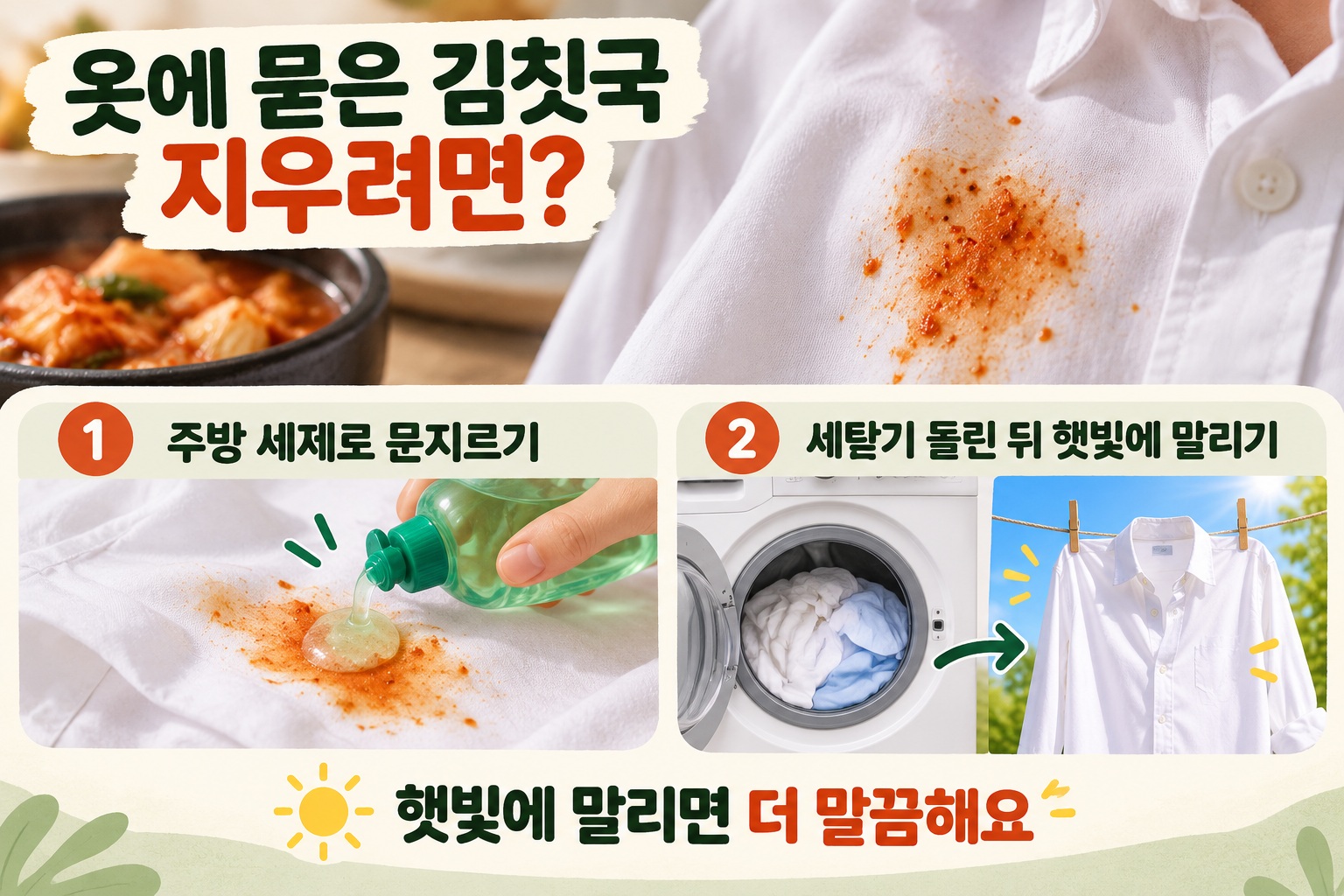 옷 김치국물 지우는 법, 주방세제로 얼룩 빼고 햇빛에 말리는 순서