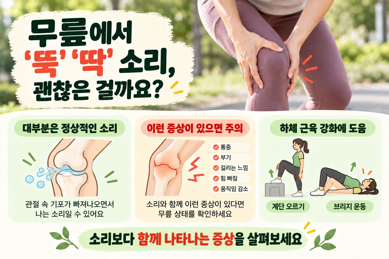 무릎 뚝 소리, 괜찮을까? 통증·부기 있을 때 확인해야 할 원인과 증상