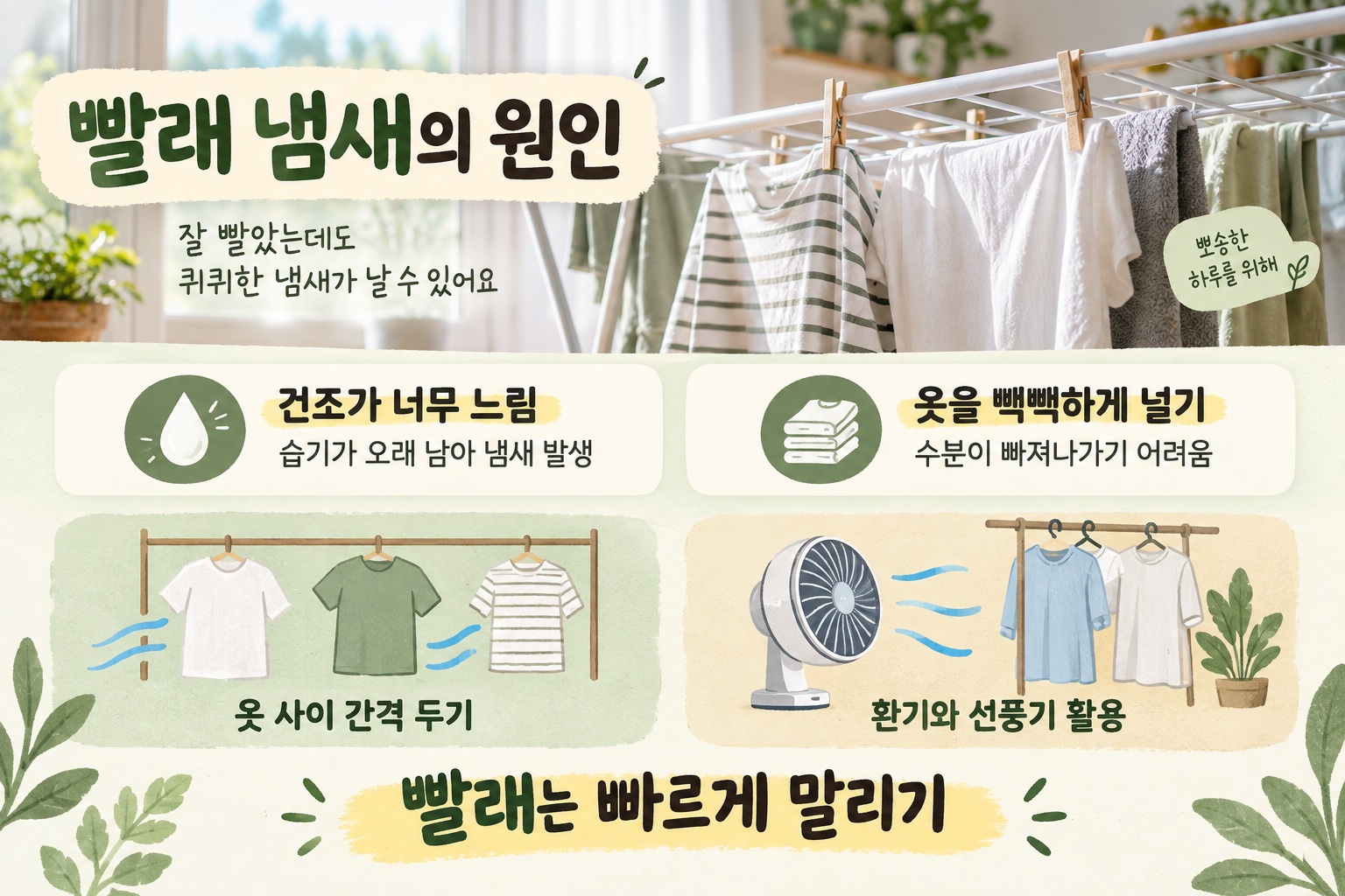 실내 건조대에 옷을 넉넉한 간격으로 펼쳐 널어 공기가 통하도록 말리는 모습