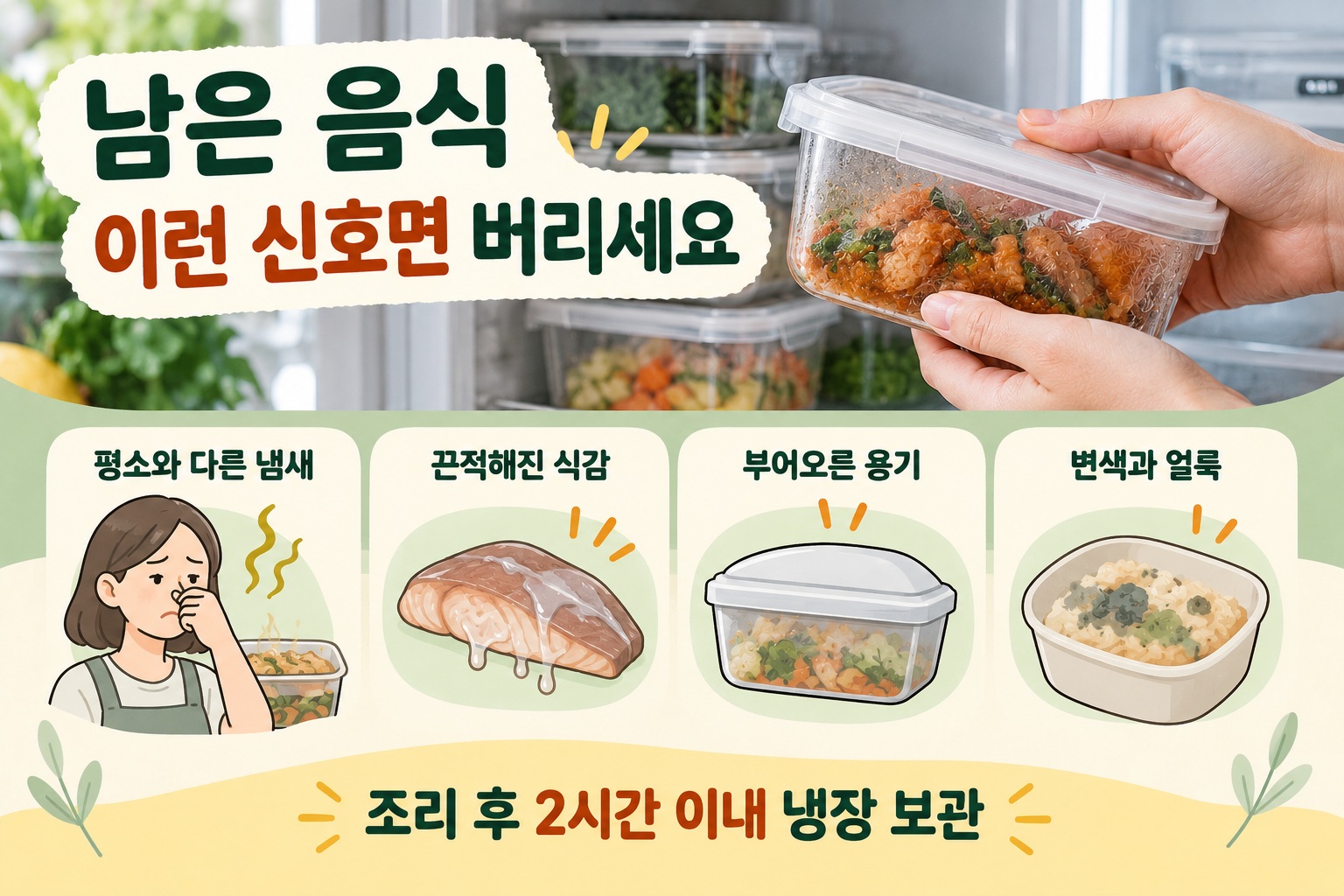 남은 음식 상했는지 확인하는 법, 냄새·끈적임·용기 팽창 등 4가지 신호