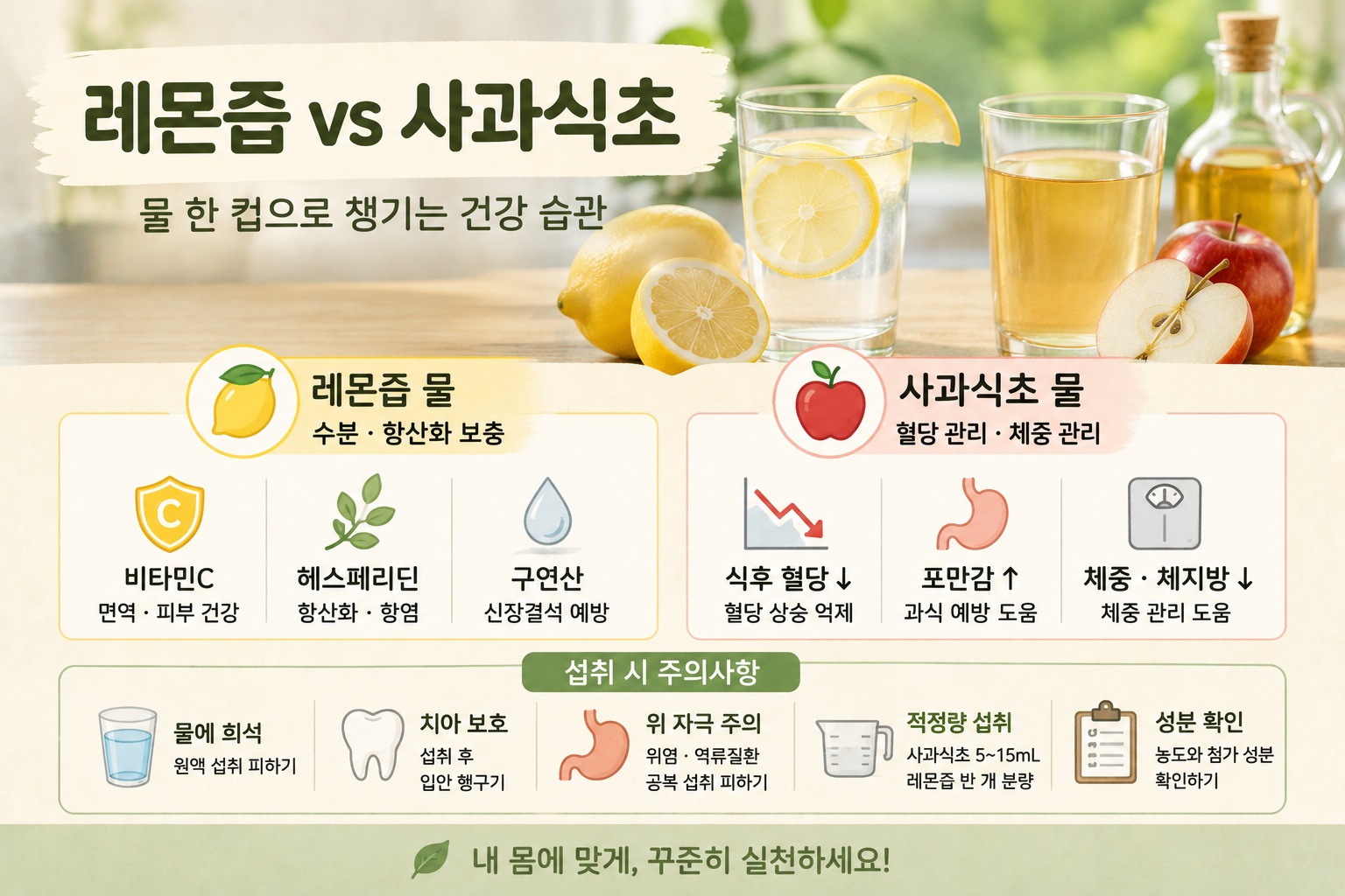 레몬즙과 사과식초 건강 효과 비교