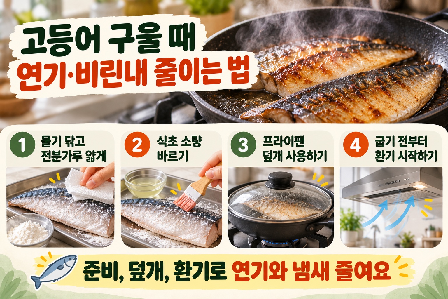 고등어 연기 줄이는 법, 전분가루·식초·환기로 비린내까지 잡는 굽기 요령