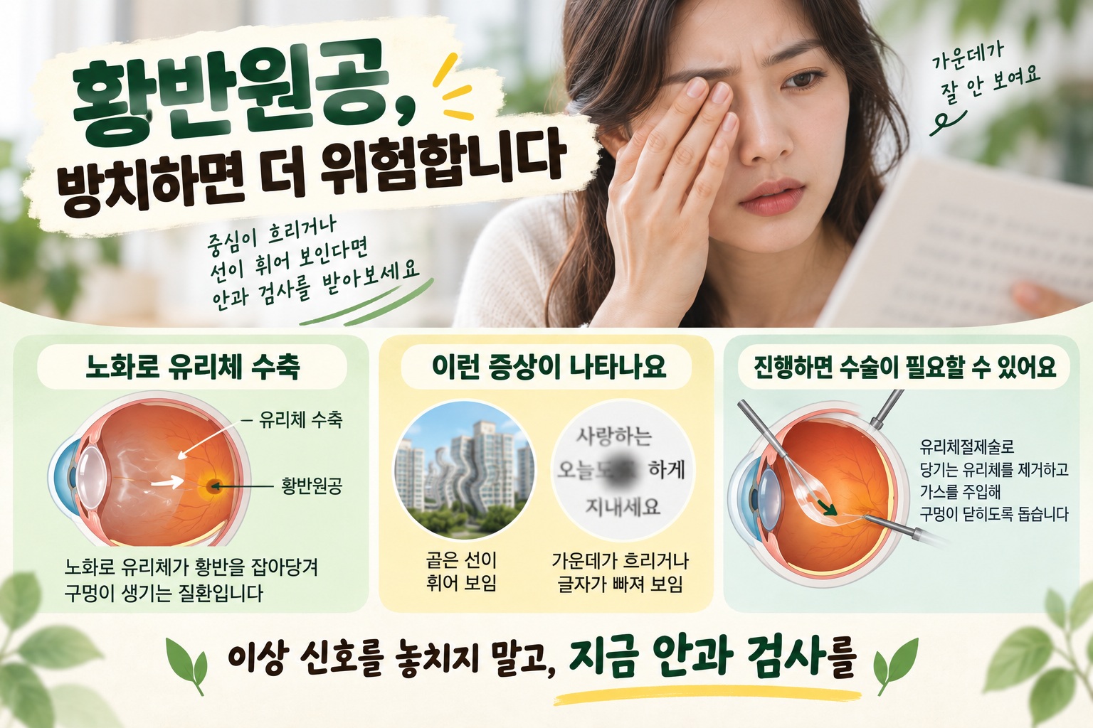 황반원공 증상, 가운데가 뭉개지고 선이 휘어 보인다면…원인과 수술 치료