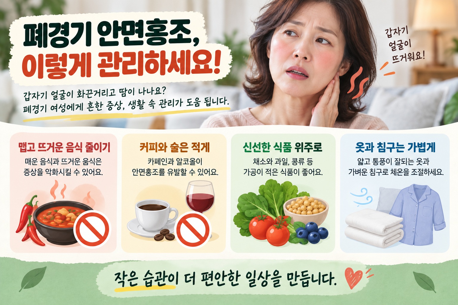 폐경 안면홍조 줄이는 생활습관, 음식·카페인부터 침구 관리까지
