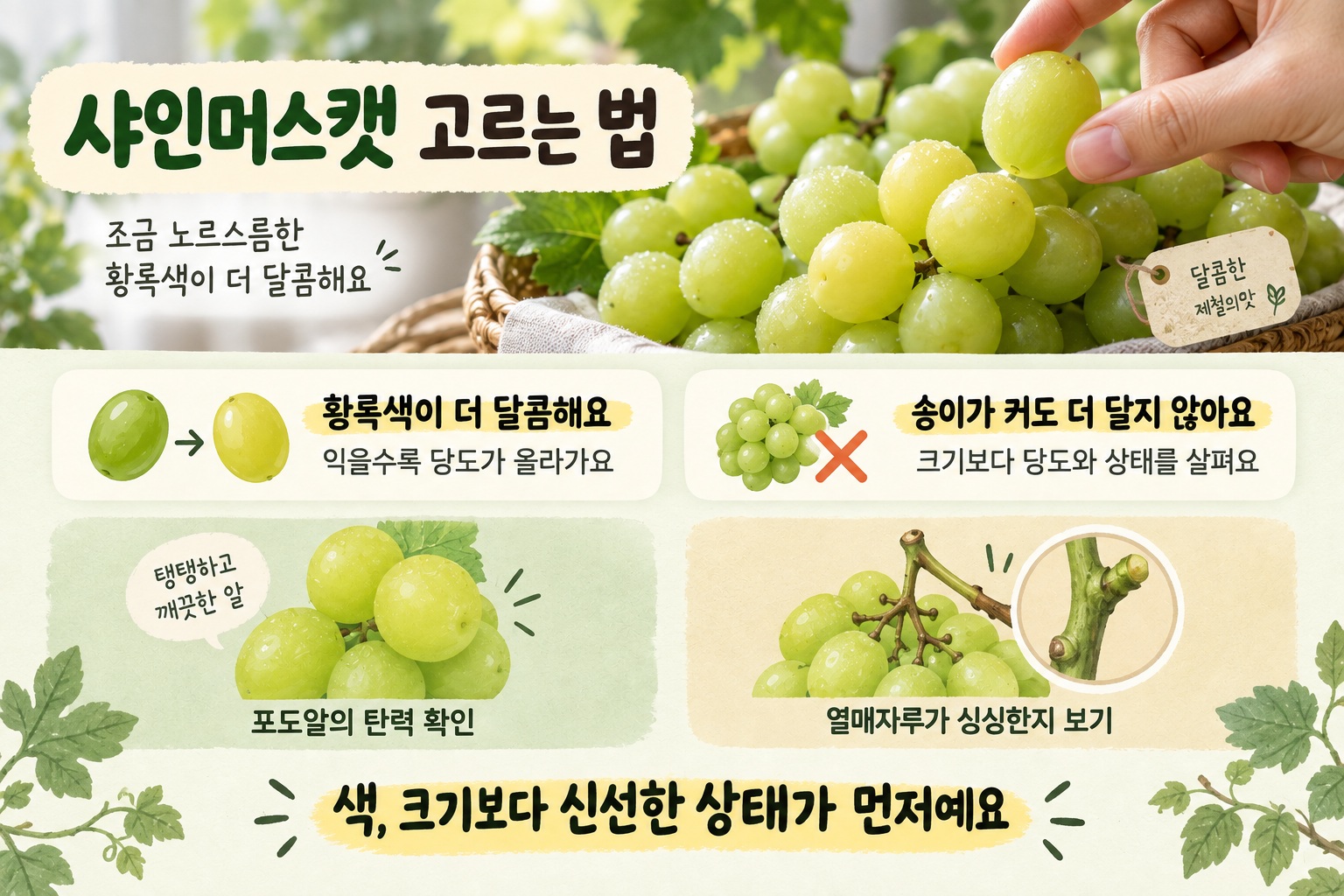 초록색과 황록색 샤인머스캣 송이를 나란히 놓고 색깔과 숙도 차이를 비교하는 모습