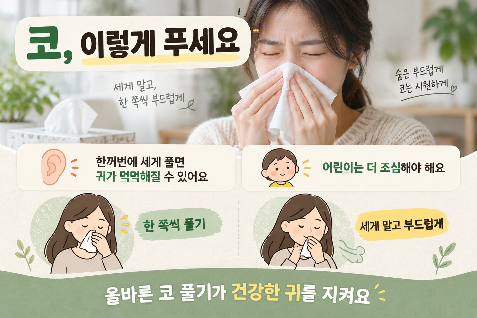 한쪽씩 올바르게 코 푸는 방법