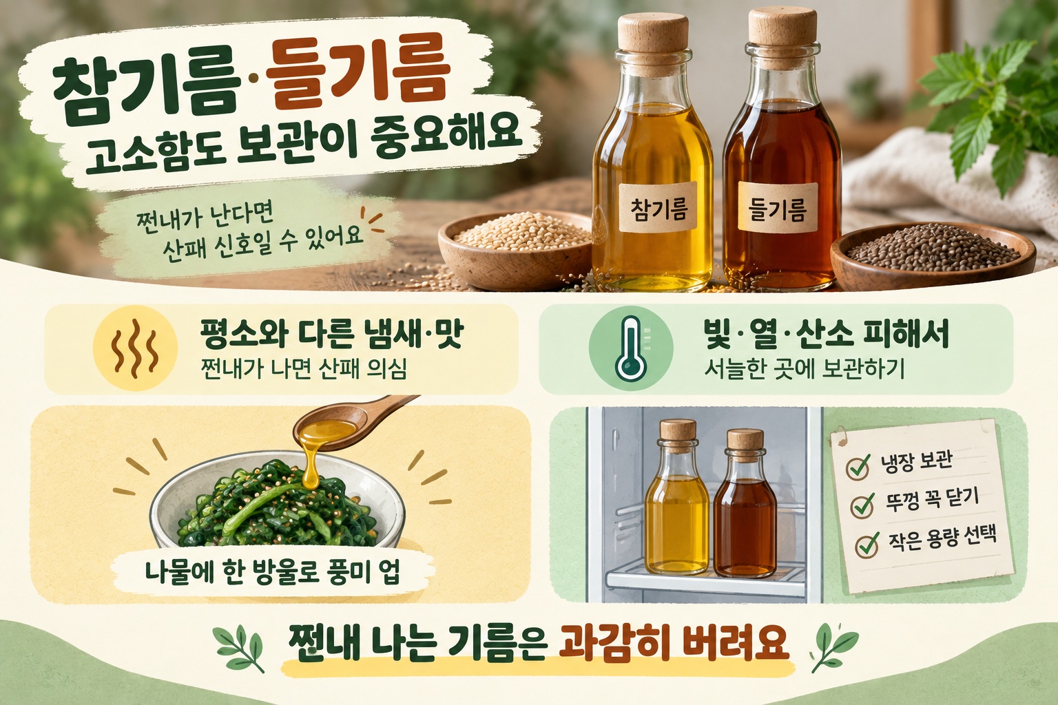 참기름 들기름 보관법, 쩐내 나면 버려야 할까? 산패 신호와 냉장 보관 기준