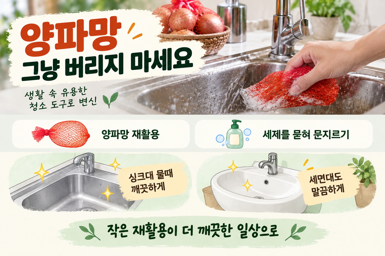 양파망 활용법, 버리지 말고 싱크대·세면대 물때 청소에 써보세요