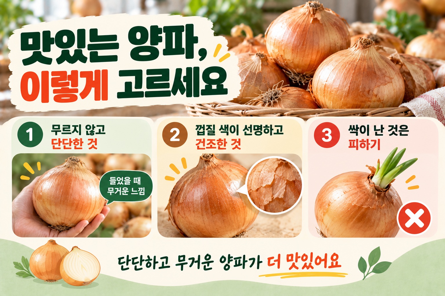 양파 고르는 법, 단단하고 묵직한 것 고르고 싹 난 것은 피하세요