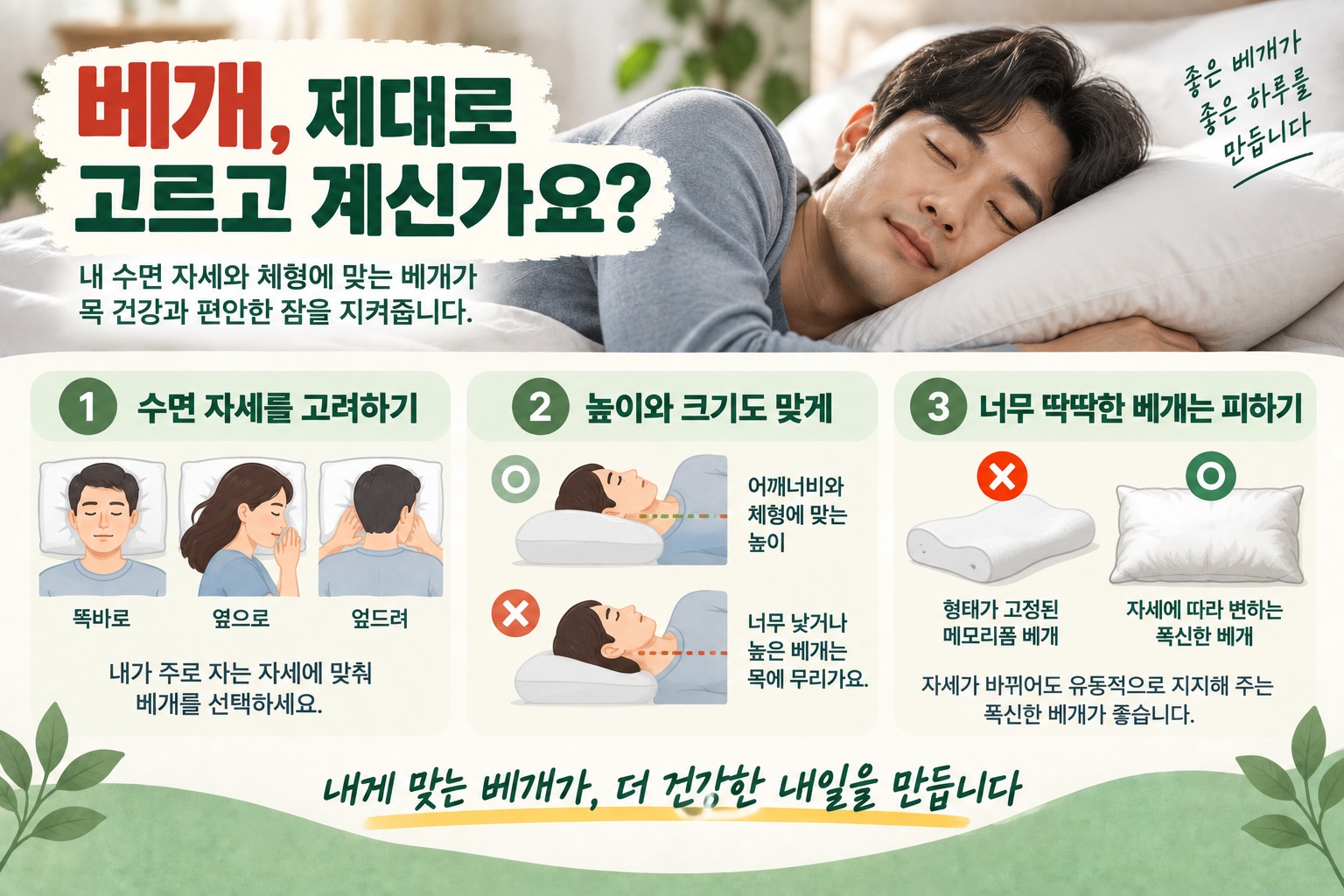베개 고르는 법, 수면 자세·어깨너비·매트리스까지 봐야 하는 이유