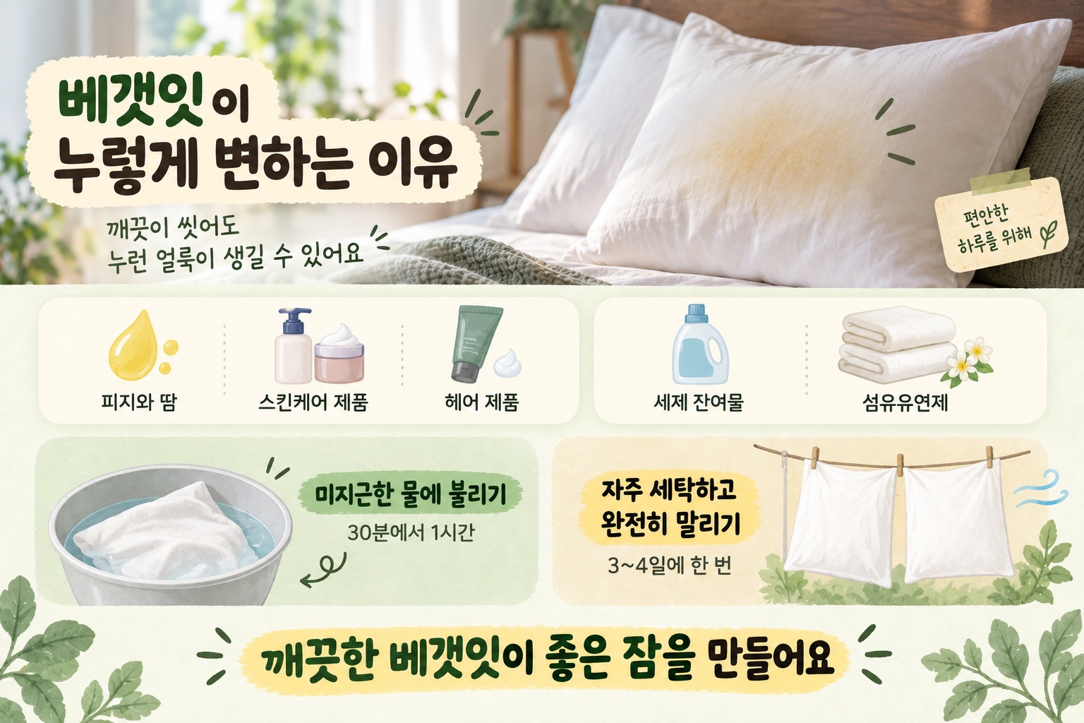 얼굴과 목이 닿는 부분에 누런 얼룩이 생긴 흰색 베갯잇과 깨끗하게 세탁된 베갯잇