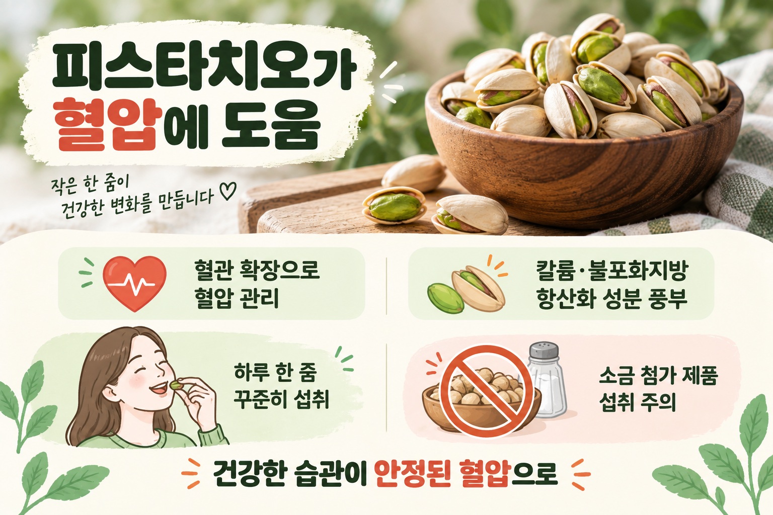 피스타치오 혈압 효과, 매일 42g 섭취 연구와 소금 제품 주의점