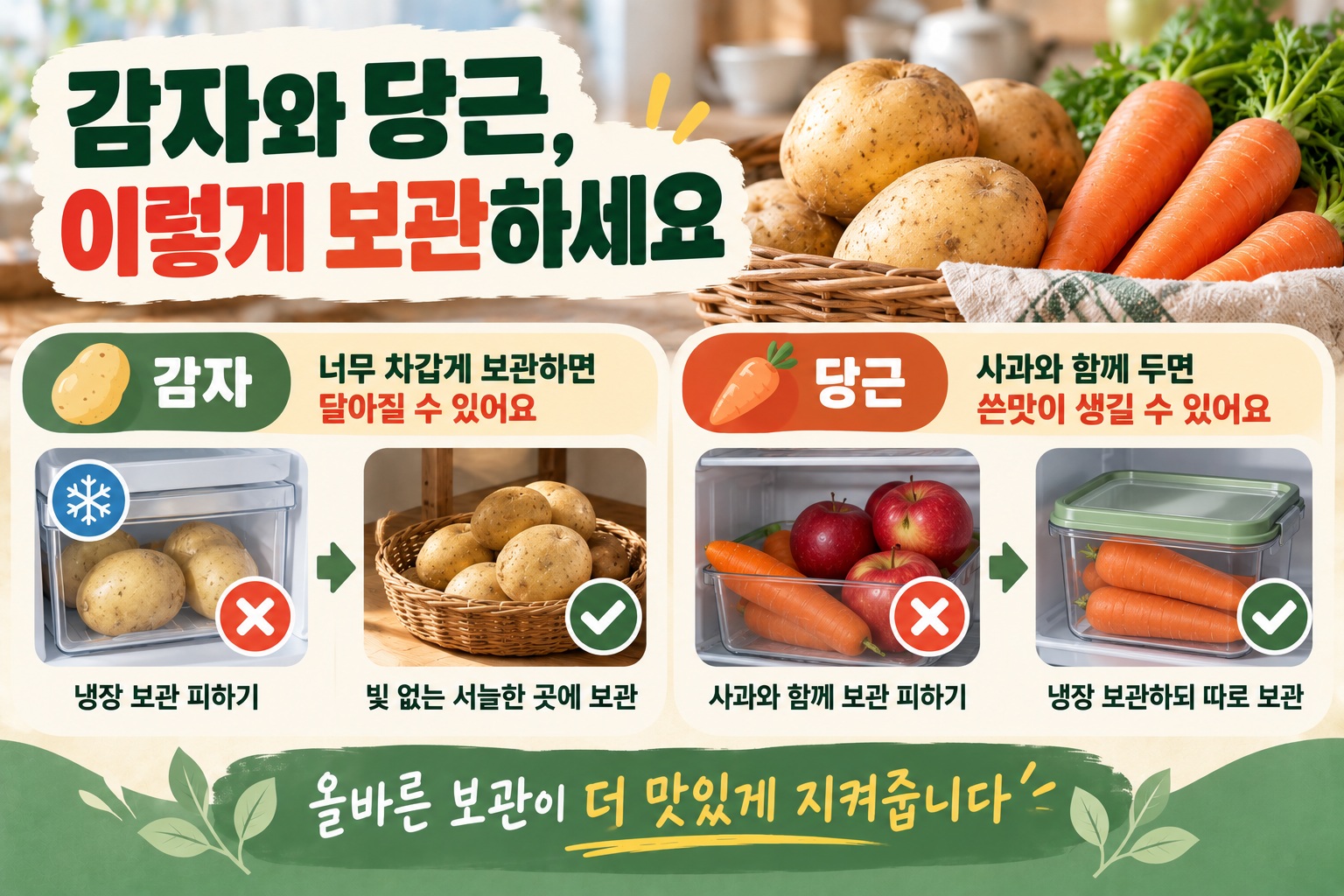 감자 당근 보관법, 감자는 너무 차갑게 두지 말고 당근은 사과와 따로 보관하세요