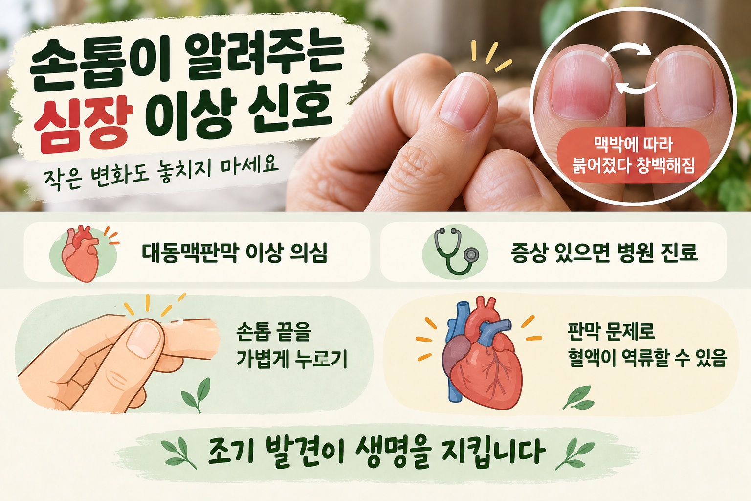 퀸케 징후, 손톱 눌렀을 때 색이 맥박 따라 변하면 대동맥판막 역류증 신호일까